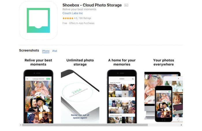 Captura de pantalla de la página de inicio de la aplicación de almacenamiento de fotos en la nube Shoebox