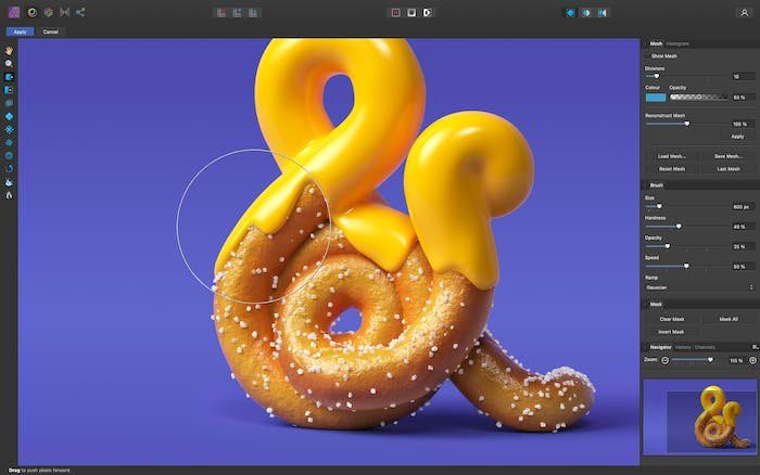 Captura de pantalla de la interfaz del software Affinity Photo alternativo de Lightroom con una imagen de un símbolo de y comercial en forma de pretzel con queso encima