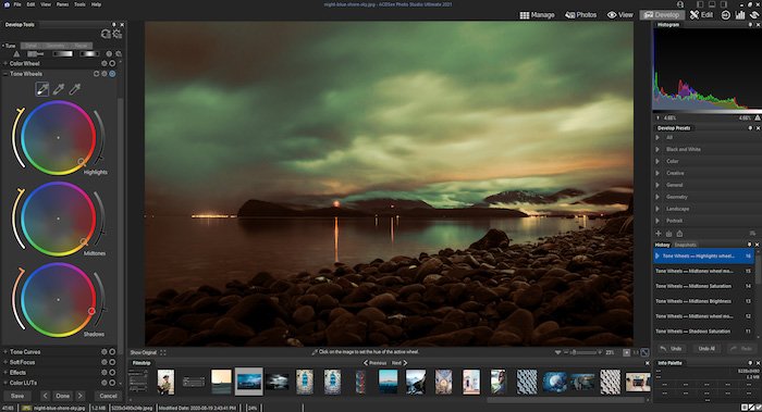 Captura de pantalla de la interfaz del software alternativo Lightroom ACDSee Photo Studio Ultimate con una foto de paisaje oscuro