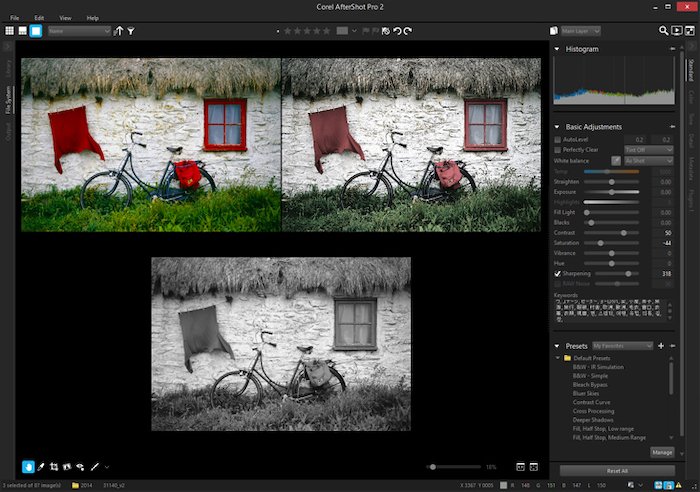 Captura de pantalla de la interfaz del software alternativo Corel AfterShot Pro de Lightroom con fotos de bicicletas contra una casa