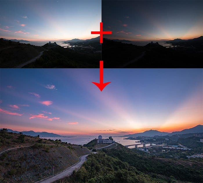 Diagrama de tres fotografías de paisajes para usar máscaras de luminosidad para la mezcla digital