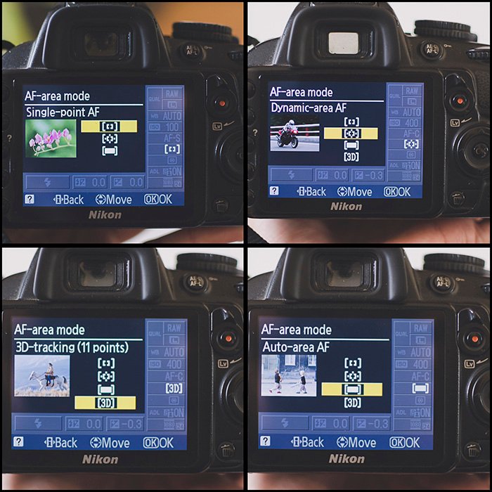 Una cuadrícula de 4 fotos que muestra cómo cambiar los modos de enfoque automático en una DSLR 