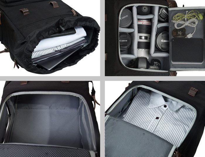 Foto de una mochila para cámara BAGSMART más todos los accesorios de la cámara que puede caber en su interior.  La mejor bolsa de cámara para fotografía callejera.