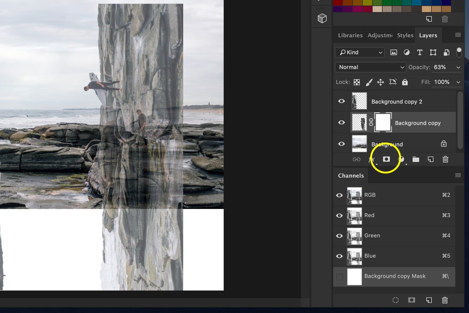 Una captura de pantalla que muestra cómo hacer un truco de doblar y deformar en Photoshop: creación de esquinas