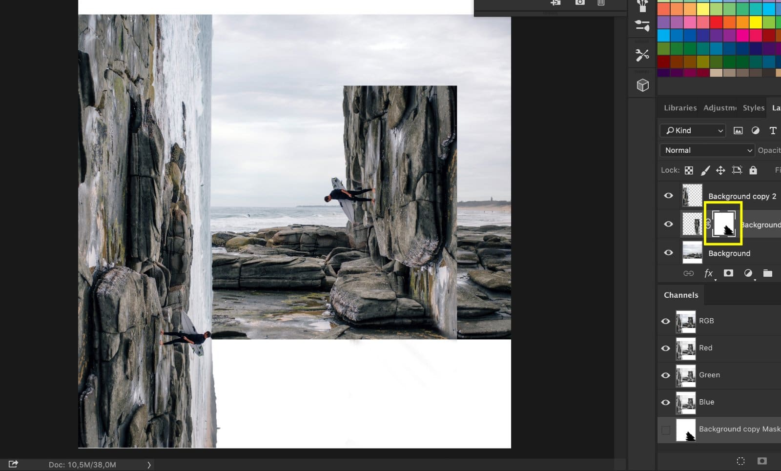 Una captura de pantalla que muestra cómo hacer un truco de doblar y deformar en Photoshop: pintar la foto