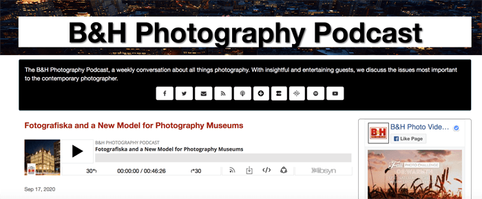 Captura de pantalla del podcast de fotografía B&H que se reproduce en una aplicación