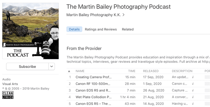 Captura de pantalla del podcast de fotografía 'the martin bailey' que se reproduce en una aplicación