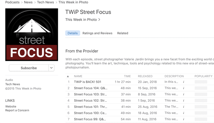 Captura de pantalla del podcast 'twip street focus' que se reproduce en una aplicación