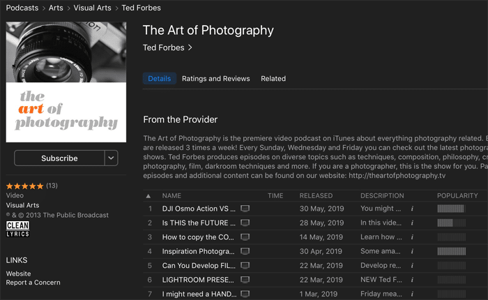 Captura de pantalla del podcast 'el arte de la fotografía' que se reproduce en una aplicación