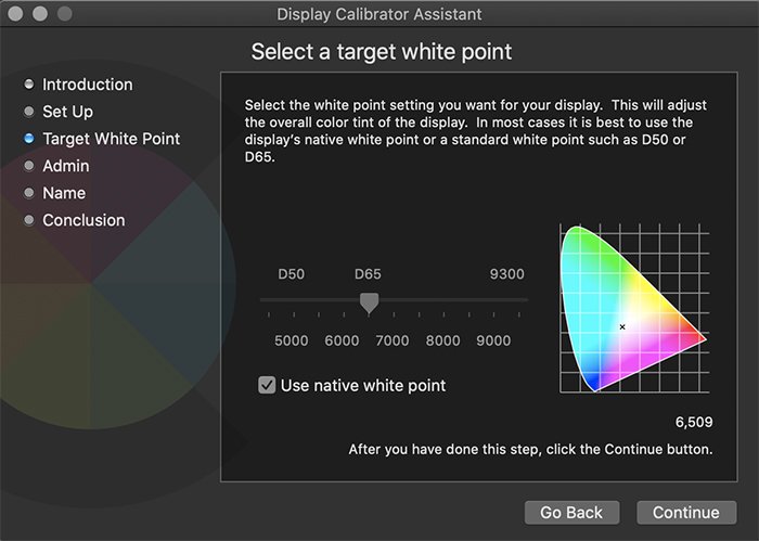 Captura de pantalla de la sencilla herramienta de calibración incorporada de Mac