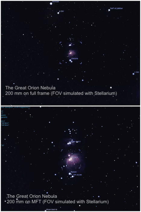 Díptico de fotos del espacio profundo comparando M42 visto con una lente de 200 mm en cámaras de fotograma completo (arriba) y MFT (abajo)
