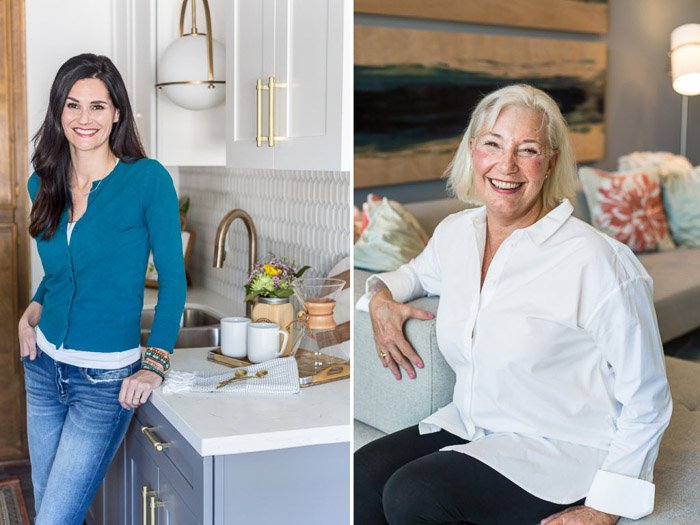 Un díptico de la foto de una mujer de cabello oscuro posando en una cocina y una mujer sonriente de cabello gris - configuración de la cámara para retratos