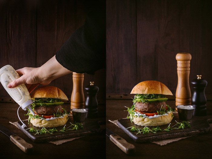 Un díptico de diseñar una sesión de fotos de hamburguesas rústicas