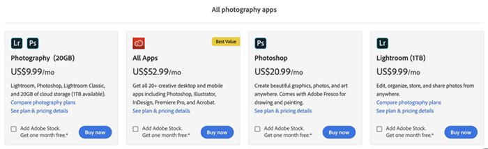 Captura de pantalla de las opciones de compra de Adobe