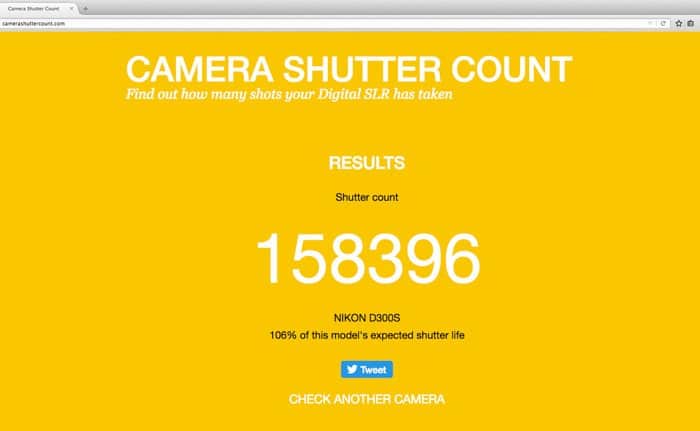 Foto de pantalla del sitio web del recuento del obturador de la cámara 
