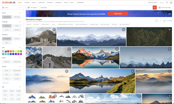 mejores sitios de fotografías: resultados de búsqueda de montañas en shutterstock.com