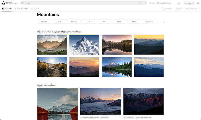 mejores sitios de fotos de archivo: resultados de búsqueda de Unsplash.com para montañas