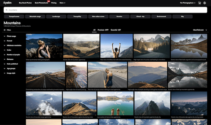 mejores sitios de fotografías: resultados de búsqueda de montañas en eyeem.com