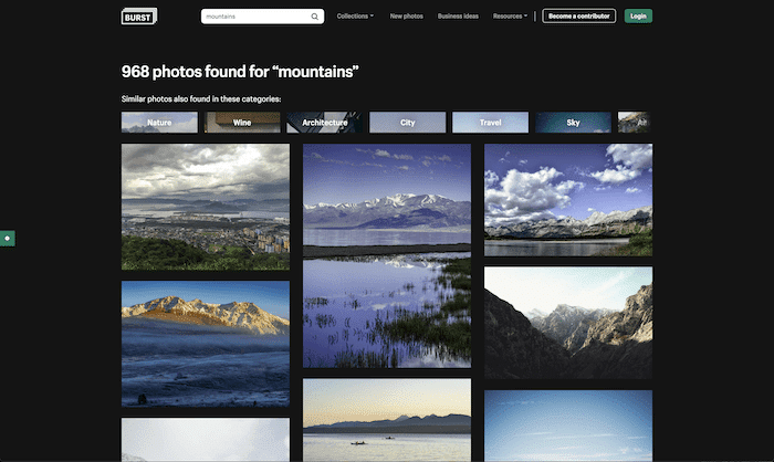 mejores sitios de fotos de stock: captura de pantalla de los resultados de búsqueda de montañas en burst.com
