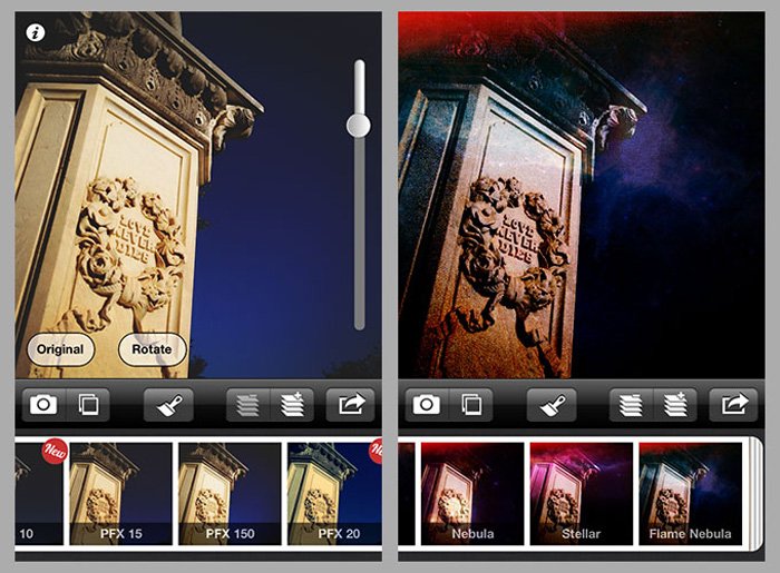 Una captura de pantalla de la aplicación Picfx para agregar texturas a las fotos: filtros de textura