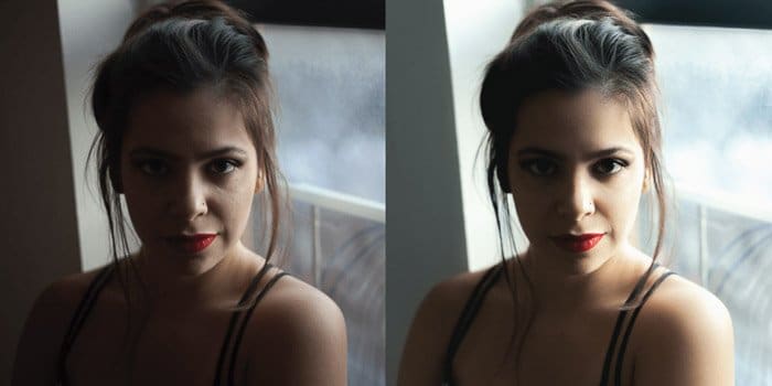 Díptico de retratos de una modelo antes y después del retoque.