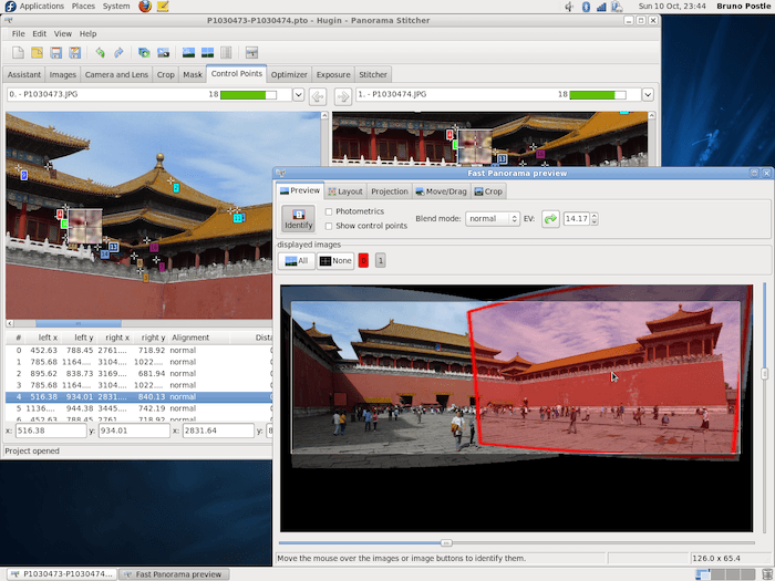 software de costura de fotos: capturas de pantalla de la interfaz del software de sesión de fotos Hugin