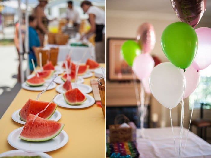Díptico de fotografía de fiesta de cumpleaños brillante y alegre que incluye platos de sandía en una fiesta a la izquierda y globos verdes y blancos a la derecha