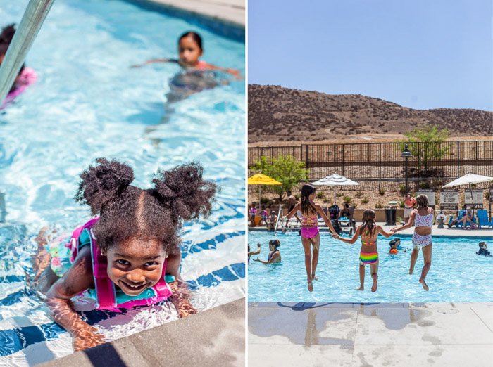 Díptico retrato de niños nadando en una piscina al aire libre - ideas divertidas para la fotografía de la fiesta de cumpleaños