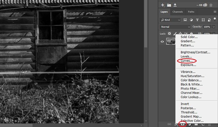 Captura de pantalla de la edición de curvas para fotografía en blanco y negro