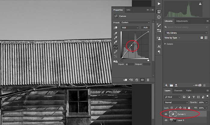 Captura de pantalla de las curvas de edición para fotografía en blanco y negro