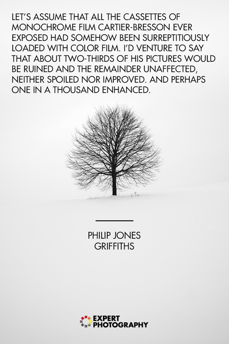 Una silueta de un árbol contra un paisaje nevado blanco con cita de fotografía en blanco y negro de Philip Jones Griffiths