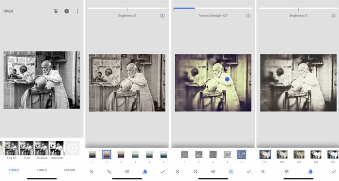 Las capturas de pantalla hacen una foto en blanco y negro Aplicación Snapseed Barbero indio
