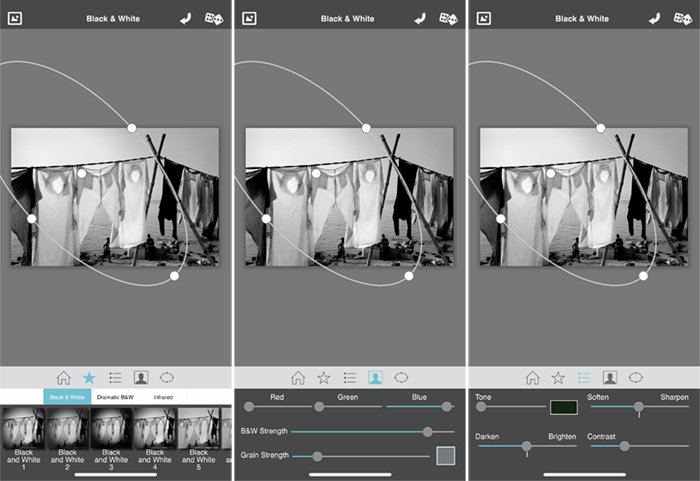 Capturas de pantalla dramática aplicación de cámara en blanco y negro lavandería