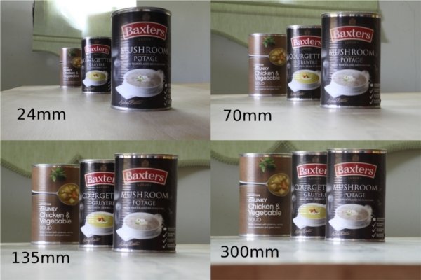 Cuadrícula de cuatro fotos de latas de sopa tomadas a diferentes longitudes focales