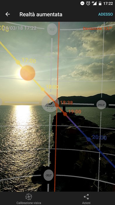 La trayectoria del sol como se ve en la sección de Realidad Aumentada de la aplicación móvil PhotoPills. 
