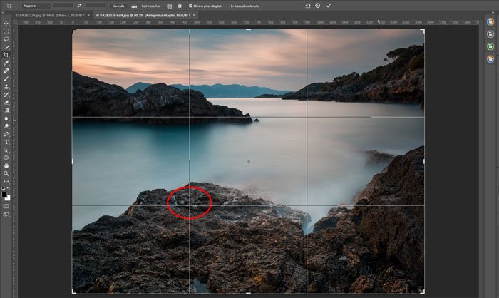 Interfaz de Photoshop que utiliza la composición de la regla de los tercios para paisajes de larga exposición