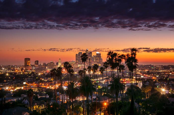 puesta de sol a través de las palmeras, Los Ángeles, California