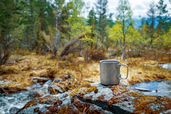 Una fotografía de naturaleza muerta de viaje de una taza de camping y un bosque