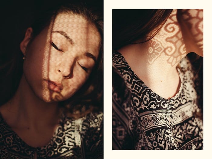 Díptico collage de fotos de una niña con material de encaje proyectando sombras de ensueño en su rostro