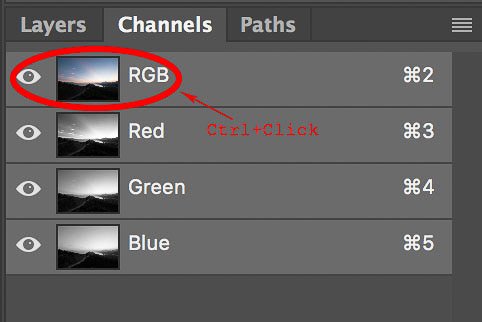 Captura de pantalla de la selección de RGB para crear máscaras de luminosidad básicas con un solo clic