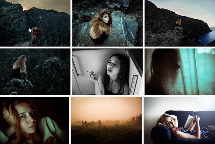 Miriana Pinna cuadrícula de 9 fotografías de retratos.  Fotógrafos de retratos famosos 