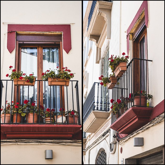 Díptico collage de fotos que muestra dos ángulos diferentes de un balcón de ventana con macetas de flores rojas, tomado por dos personas diferentes durante la misma caminata fotográfica.