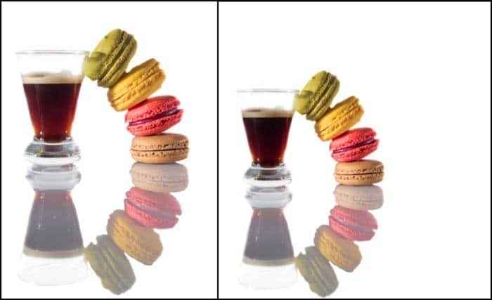 Díptico de macarrones y café con fondo blanco en fotografía creativa de alimentos