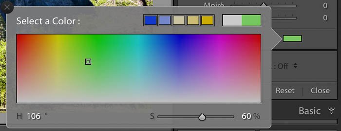 Captura de pantalla de Lightroom del panel de herramientas de filtro graduado: efectos de color para filtros de Lightroom