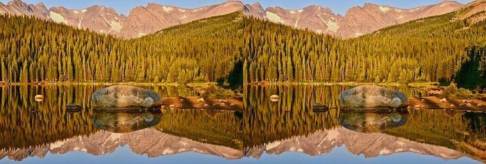 Fotografía en 3D, fotografía en estéreo de paisajes de montañas, bosques y lagos con un reflejo