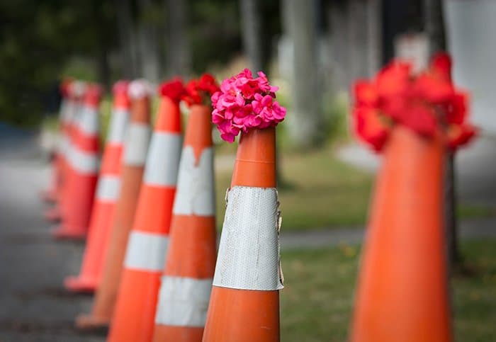 una línea de conos de tráfico con racimos de flores rosadas y rojas en la parte superior
