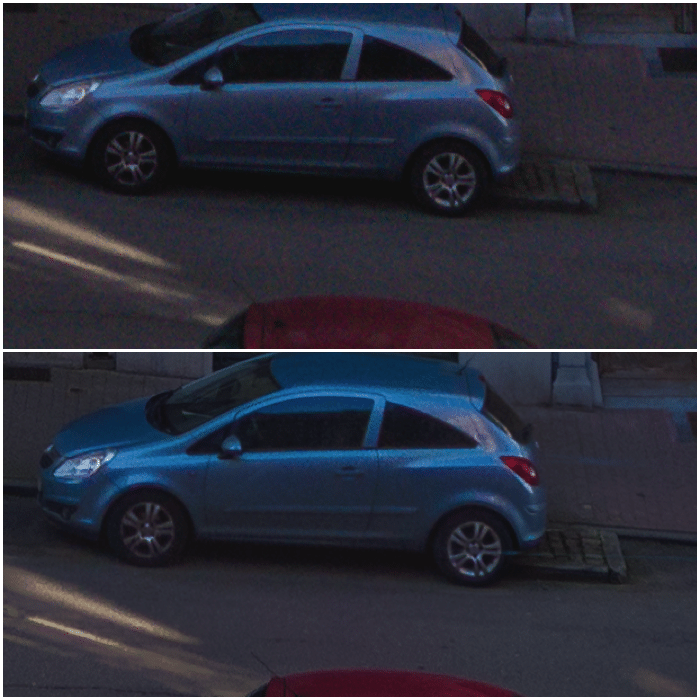 Dos imágenes de un coche azul en la calle.  Recorte del 100% de la exposición única 0EV (arriba) Vs HDR de las exposiciones -2EV, 0EV y + 2EV (abajo).