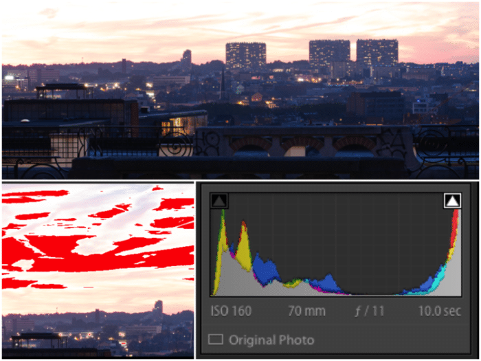 Tríptico collage de fotos que muestra un paisaje urbano y pantallas de lightroom.
