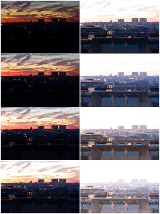 Varias fotografías de un paisaje urbano con diferentes exposiciones.  Todas las fotos fueron tomadas con 1EV de diferencia.