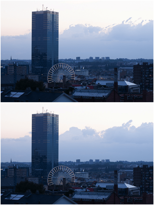 Dos fotos del mismo paisaje urbano.  Comparación entre la fusión HDR simple (arriba) y la fusión con eliminación de fantasmas (abajo).